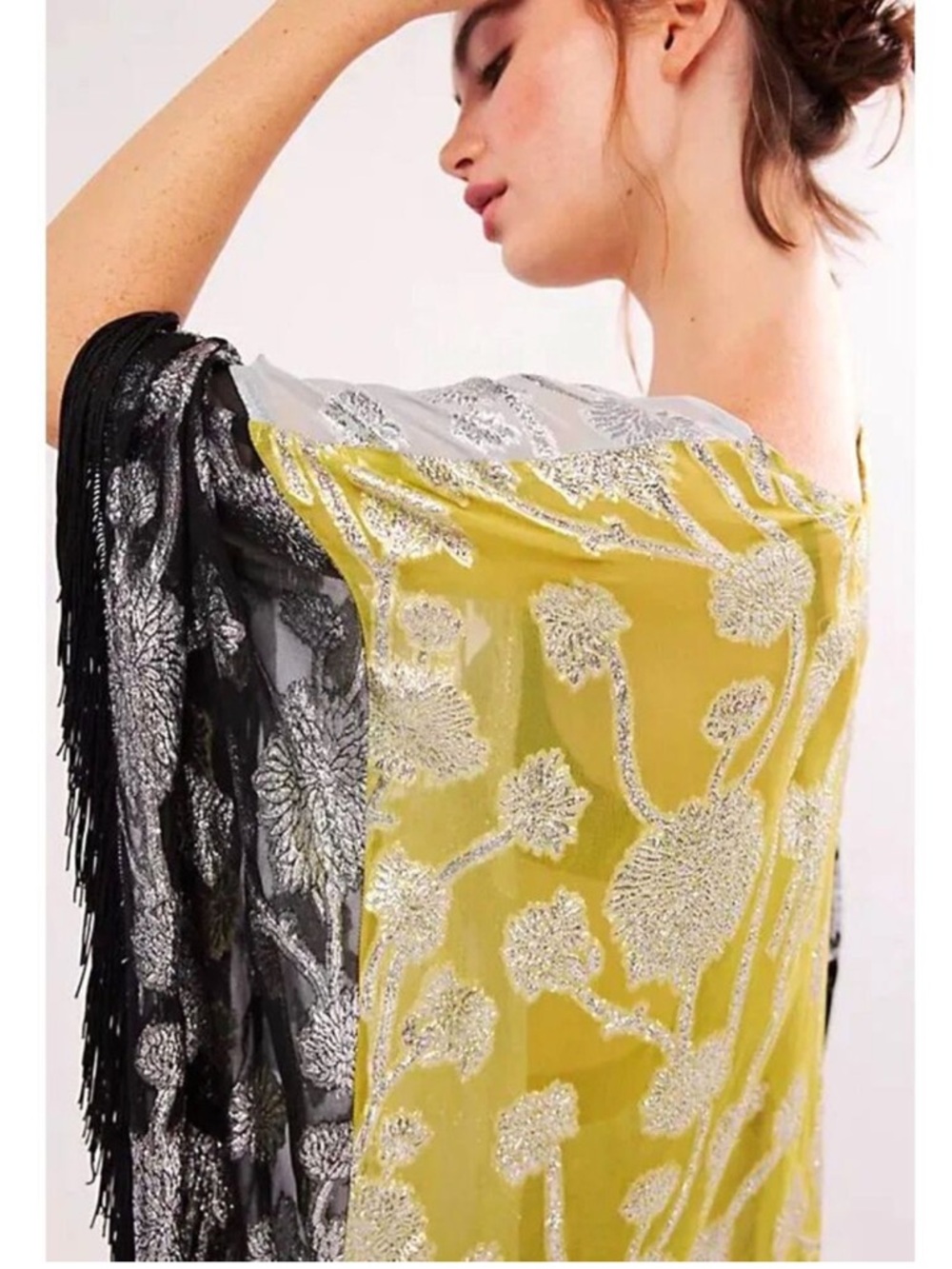 Free People Florence Fringe Metallic Floral Kimono